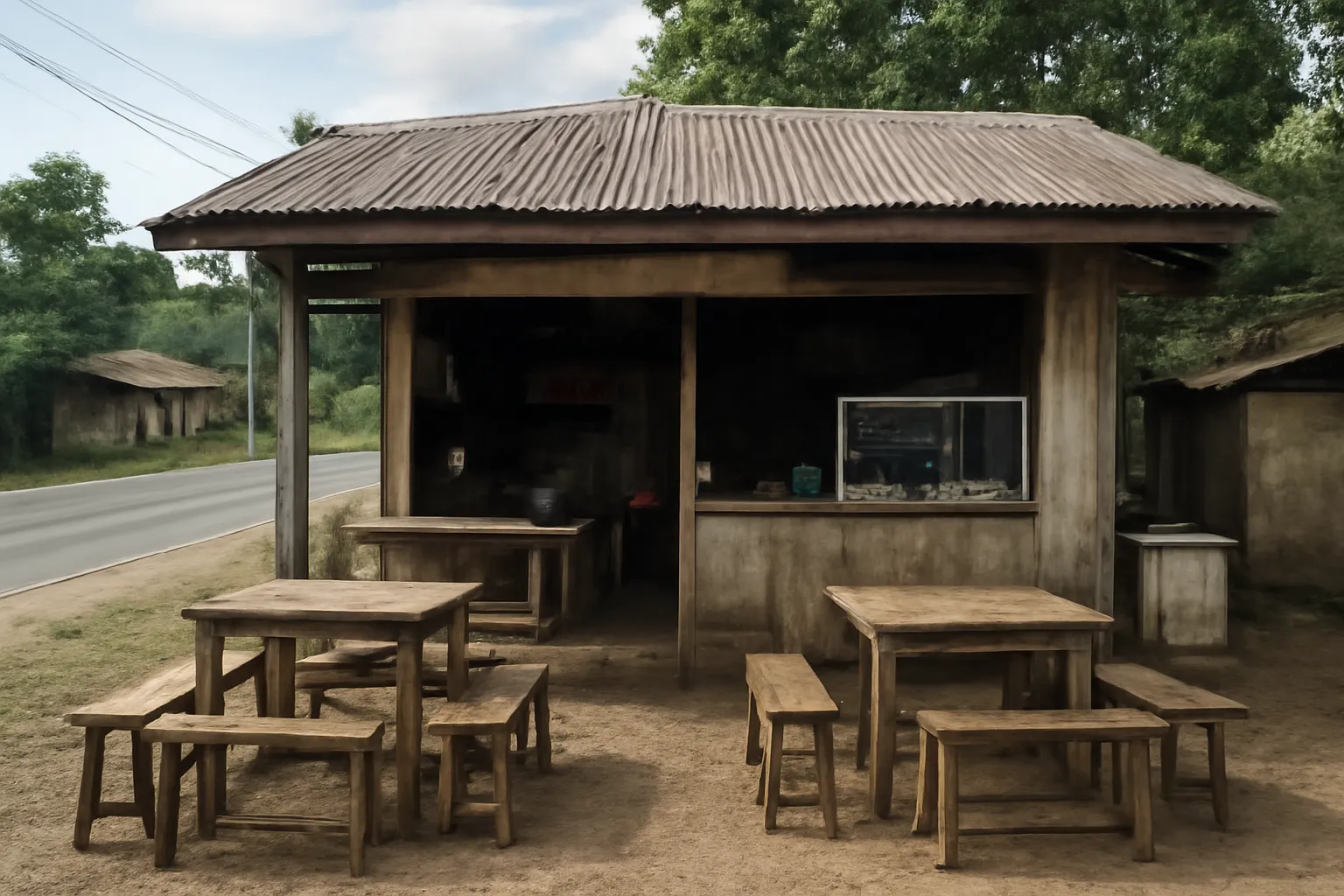 Một quán ăn nhỏ bên đường ở thị trấn