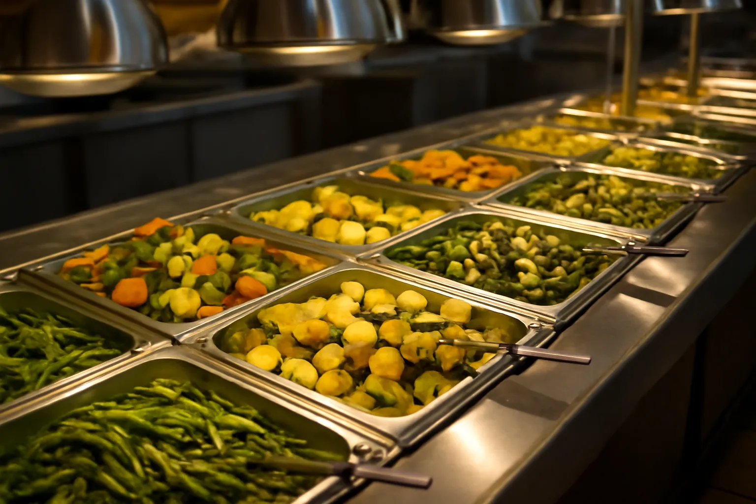 Quầy buffet chay với nhiều khay món