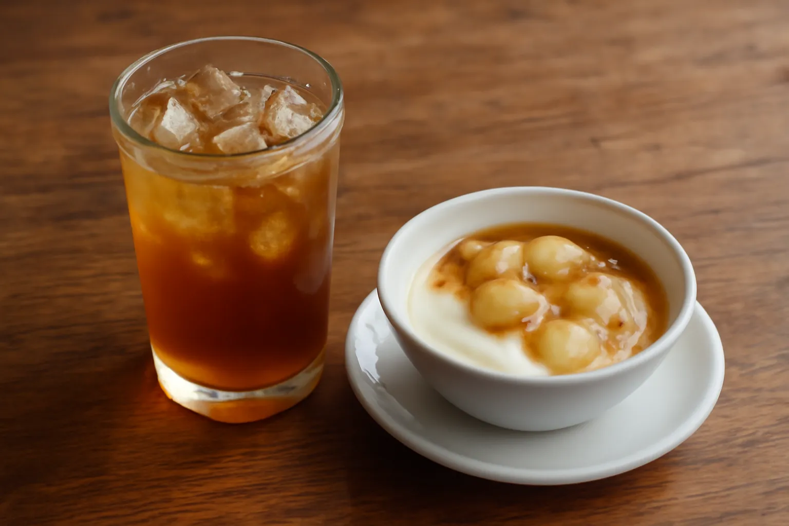 Ly nước mát và chén chè đặt trên bàn