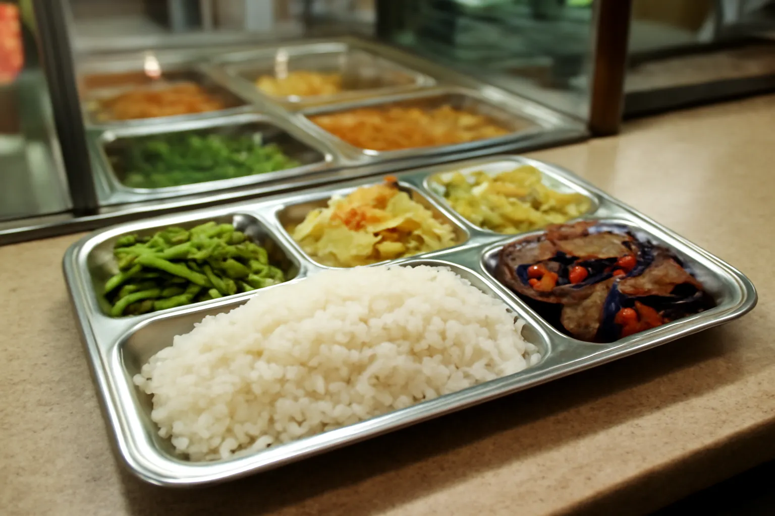 Khay cơm chay với nhiều món trên quầy